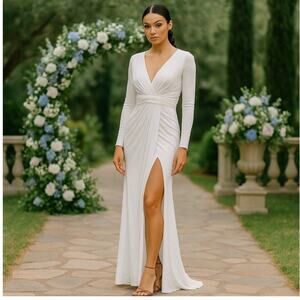 MAC DUGGAL Dress Size 4 Evening Gown White V-Neck Long Sleeve High Slit